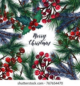 Merry Christmas. Vector illustration, spruce branches, mistletoe berries, background white, prints on T-shirts, handmade,card for you