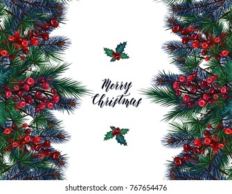 Merry Christmas. Vector illustration, spruce branches, mistletoe berries, background white, handmade,card for you, prints on T-shirts