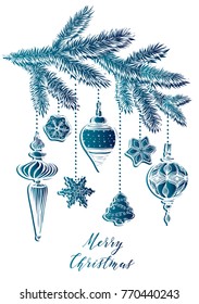 Merry Christmas. Vector illustration, spruce branches,ginger biscuits,Christmas tree toys,prints on T-shirts,background white, handmade,card for you,blue color