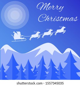 Merry Christmas vector illustration. Vector stock image. Santa flying on reindeer across sky and mountains and forest on blue background.