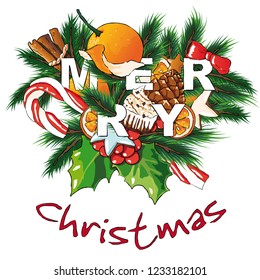 Merry Christmas vector illustration. Sweets and fir background