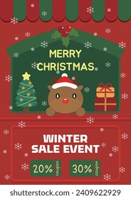 Merry christmas vector illustration template (santa claus, rudolph, christmas tree, gift, event coupon etc.)