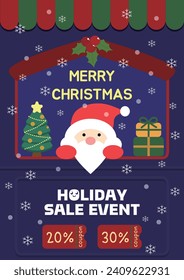 Merry christmas vector illustration template (santa claus, rudolph, christmas tree, gift, event coupon etc.)