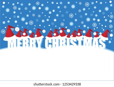 Merry christmas vector illustration with text, Santas hats and snowflakes all around