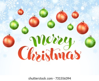 Merry Christmas vector illustration with text. Modern winter holidays lettering with snowflakes ans Christmas balls on snowy blue sky. Happy holidays greeting card template.