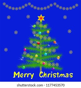 Merry Christmas. Vector illustration with Christmas tree, snowflakes and balls on blue background