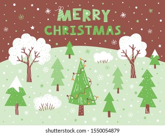 Merry Christmas vector illustration with Christmas trees and lettering. Winter landscape with trees in brown and green colors. Flat cartoon style. Greeting card, poster, banner