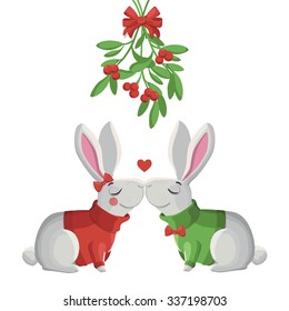 Merry Christmas Vector Illustration. Two Funny Vector Rabbits Kissing Under Mistletoe.