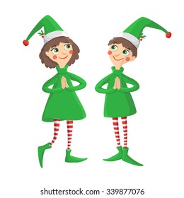 Merry Christmas vector illustration. Two funny smiling elves.