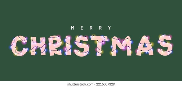 Merry Christmas vector illustration. Type with glowing Christmas lights and bulbs. Celebrational text for decoration. Festive set in playful style. 