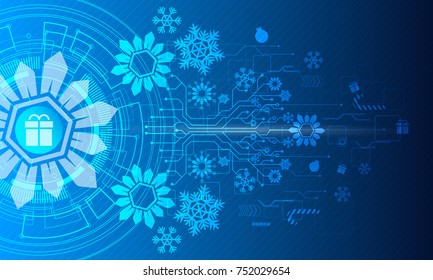 Merry Christmas, Vector illustration white gear and tree cog wheel gift on circuit board, Hi-tech digital technology and engineering, Abstract futuristic- technology on blue color background.