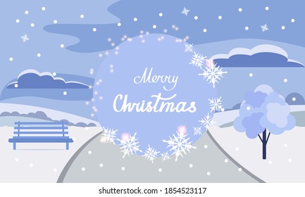 Frohe Weihnachten. Vektorgrafik eines Winterparks. Winterlandschaft. Winterschneeweißer Weihnachtshintergrund. Weihnachtsgrußkarte