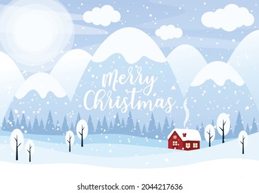 Merry Christmas vector illustration. Winter landscape background with snowy sky, mountains, forest, trees and country house