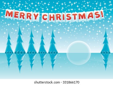 Merry christmas! Vector illustration of winter blue background with fir tree