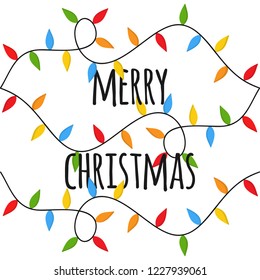 Merry Christmas vector illustration.  Xmas festive, holiday colorful lights on string with writing. Christmas lights greeting card.