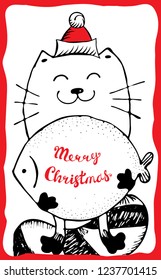 Merry Christmas vector illustration or Xmas greeting card with funny cat and fish. Hand drawn New Year doodle sketch