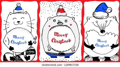 Merry Christmas vector illustration or Xmas greeting card with funny cat, fox and bear. Hand drawn New Year doodle sketch