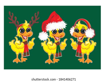 Merry Christmas vector illustration. Xmas lettering with funny ducks