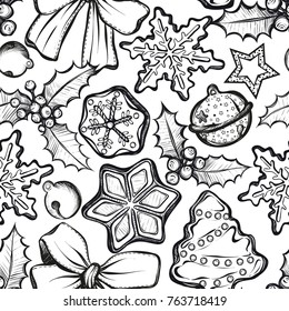 Merry Christmas. Vector illustration,ginger biscuits,mistletoe, bells,prints on T-shirts,background white, handmade,card for you,seamless pattern