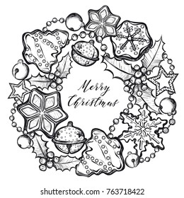 Merry Christmas. Vector illustration,ginger biscuits,mistletoe, garlands, bells,wreath,prints on T-shirts,background white, handmade,card for you
