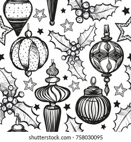 Merry Christmas. Vector illustration,mistletoe, Christmas tree toys,handmade,card for you,prints on T-shirts,background white,seamless pattern