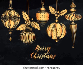Merry Christmas. Vector illustration,mistletoe, Christmas tree toys,handmade,card for you,prints on T-shirts,background chalkboard, gold colors