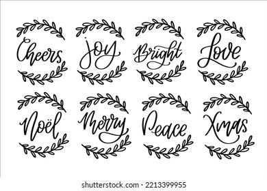 Ilustraciones del vector de navidad de los cerezos, Wreath del marco del círculo, hojas de ramas de invierno, Noel Love Xmas Bright Joy Cheers Peace, silueta de diseño de juguetes de árbol de Navidad, postal de invierno simple con letras de mano