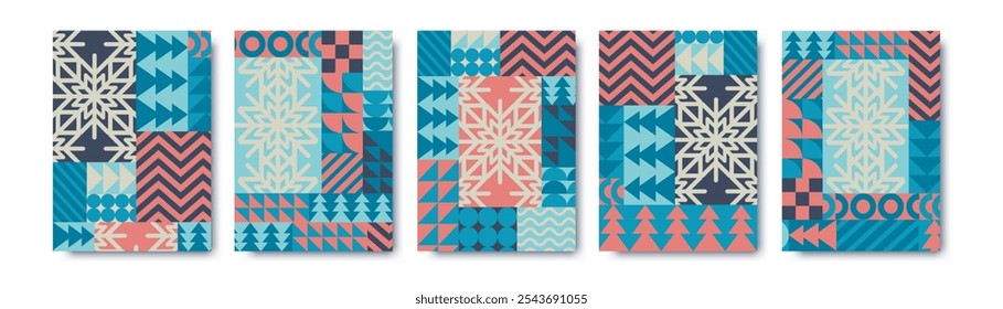 Conjunto de Ilustraciones vectoriales de Navidades alegres con copos de nieve y fondos de Formas geométricas abstractas bauhaus. Plantillas modernas del patrón del diseño para la impresión del cartel, invitación, Anuncio del Web, tarjeta, volante