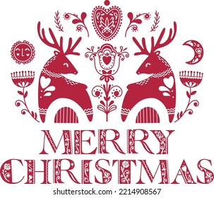 Merry Christmas vector illustrations. Winter folk ornaments. Scandinavian Christmas arrangement. Floral Christmas Ornaments. Folk ornament letters.