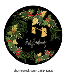merry Christmas. vector image with Holly and thuja leaves. greeting card