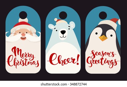 Merry Christmas vector labels with funny Christmas characters. Vintage Christmas tags designs with funny animals and Christmas symbols. Merry Christmas lettering. Cheer. Season's greetings. 