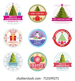 Merry christmas vector labels. Winter holiday retro emblems and logos. Flat christmas label, new year 2018 emblem illustration