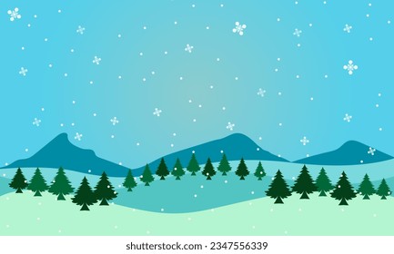 Merry Christmas vector landscape, with mountains and fir trees in the background in a snowy setting.