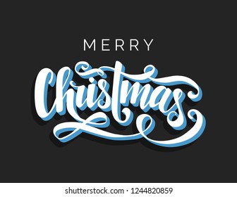 Merry Christmas vector lettering with 3d effect. Handwritten Xmas typography template. White letters on black background. Isolated print. Hand drawn clipart.