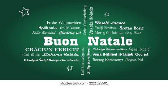 Merry Christmas vector lettering. In all European Union languages with white stars. Green back.
ItalianBuon Natale and all other Text in different languages are meaning Merry Christmas in English.