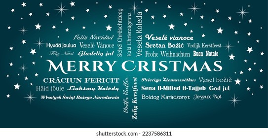 Merry Christmas vector lettering. In all European Union languages with white stars. Green back.
All Text in different languages are meaning Merry Christmas in English.