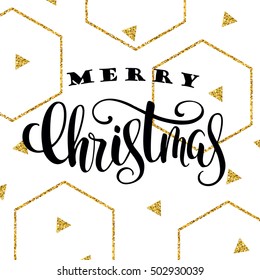 Merry Christmas. Vector lettering calligraphy design on geometric background with glitter elements for card, poster, brochure, flyer, web and other users