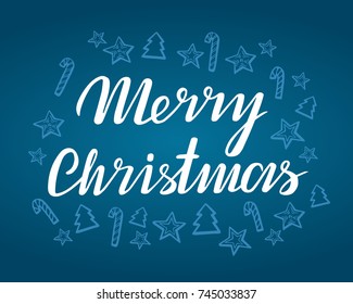 Merry Christmas Vector Lettering and hand-drawn xmas graphic. Greeting Card on blue color background. Vector illustration