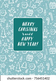 Merry Christmas Vector Lettering and hand-drawn xmas graphic. Greeting Card on blue color background. Vector illustration