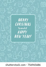 Merry Christmas Vector Lettering and hand-drawn xmas graphic. Greeting Card on blue color background. Vector illustration