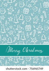 Merry Christmas Vector Lettering and hand-drawn xmas graphic. Greeting Card on blue color background. Vector illustration
