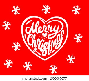 Merry Christmas  vector lettering with heart and snowflakes.