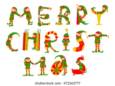Merry Christmas vector lettering. The letters silhouettes are drawn as Christmas elves with bells, gifts, cane, deer, cocktail glass. Cute design element for winter seasonal backgrounds and cards