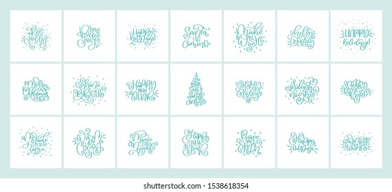 Merry Christmas vector lettering quotes. Happy New Year 2020. Typography set. Christmas calligraphy phrases. Vector logo, emblems, text design. Usable for banners, greeting cards, gifts etc.