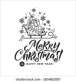 Merry Christmas vector lettering with Santa's sleigh. Holiday hand drawn black calligraphy for your design. White background.