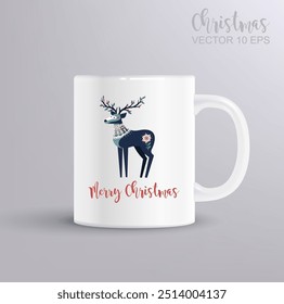 Merry Christmas. Vector lettering with stylized deer hand drawing. Merry Christmas concept with mug mockup. Vector Illustration