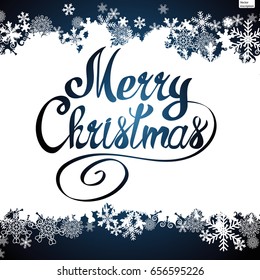 Merry Christmas vector lettering text and snowflake border, xmas background.