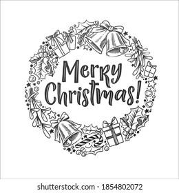 Merry Christmas vector lettering and wreath illustration.  Holiday hand drawn black calligraphy for your design. White background.