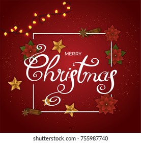 Merry Christmas vector. Light garlands on red background. Christmas lights vector illustration.
