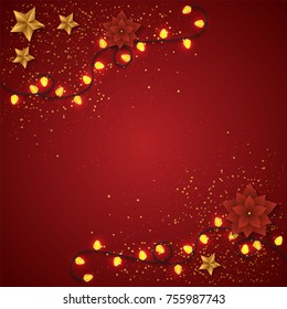 Merry Christmas vector. Light garlands on red background. Christmas lights vector illustration.